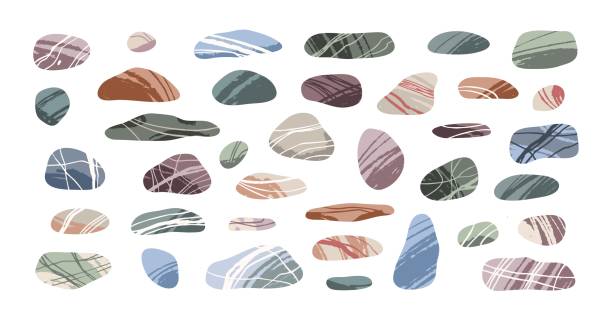 illustrazioni stock, clip art, cartoni animati e icone di tendenza di pietre lisce rotolate con acqua. pietre di ciottoli, forme arrotondate, trame diverse, coste fluviali, elementi della natura della riva del mare, natura del mare, forme decorative spa set di doodle isolato vettoriale ordinato - pietra roccia