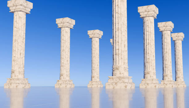 istock Roman columns on blue sky - 3d render. Ancient marble pillars in a row. Colonnade with daric columns. Public building. Ancient greek temple. 3d rendering. Pedestal for cosmetic product and packaging 2178214802