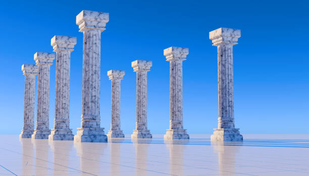 istock Roman columns on blue sky - 3d render. Ancient marble pillars in a row. Colonnade with daric columns. Public building. Ancient greek temple. 3d rendering. Pedestal for cosmetic product and packaging 2178214809