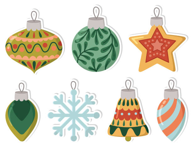 handgezeichnete aufkleber mit buntem weihnachtsschmuck - christbaumkugel stock-grafiken, -clipart, -cartoons und -symbole