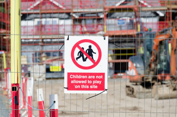 istock Children keep out sign at construction building site safety sign 2178215182