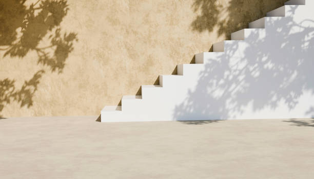 istock Abstract minimal nature scene - empty stage and white steps on beige background and soft shadows of tree leaves. Pedestal for cosmetic product and packaging mockups display presentation 2178215843