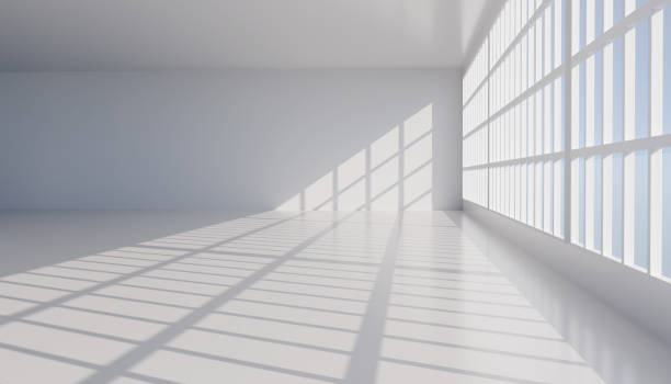 istock White room with big window. Sunlight room and big window. Office interior with large windows. 3d render. White interior and big window.  Big window, walls with white textured wallpaper and sunlight 2178217030