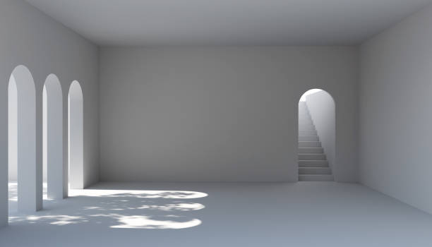 Abstract minimal nature scene - empty stage and white steps on white background and soft shadows of tree leaves. Pedestal for cosmetic product and packaging mockups display presentation. Arched room