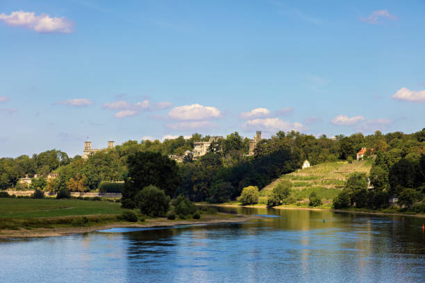 Panoramic view of Dresden historic city center looking from across the Elbe river in a summer morning