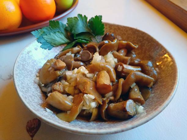 pickled mushrooms in a bowl