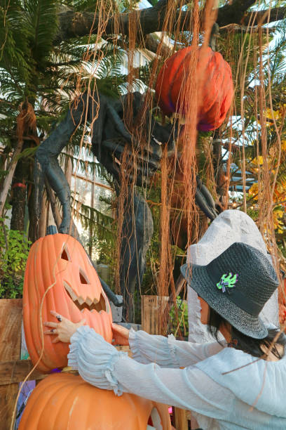 istock Woman in Black Hat Decorating Backyard with Jack O'lantern Pumpkins for Halloween Holiday 2178228549