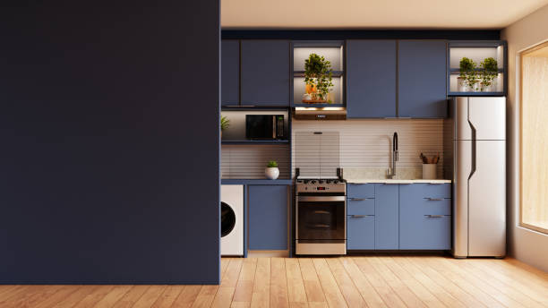 istock Mockup dark blue wall in modern kitchen room and minimalist interior design- 3D rendering 2178229072