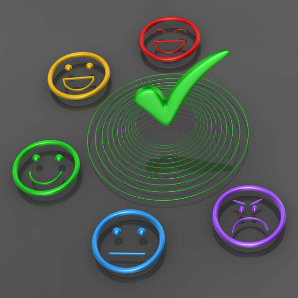 3d render. A collection of colorful emoji faces with varying emotions surrounding a large green checkmark on a gray background, symbolizing positive affirmation and emotional diversity.