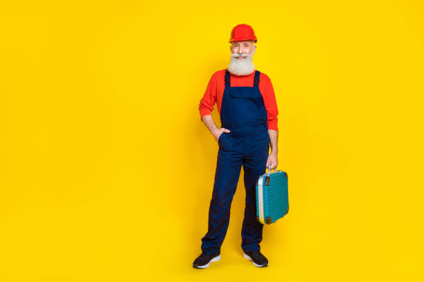 istock Full size photo of pensioner artisan workman standing with mechanical tool box isolated on bright color background 2178233103