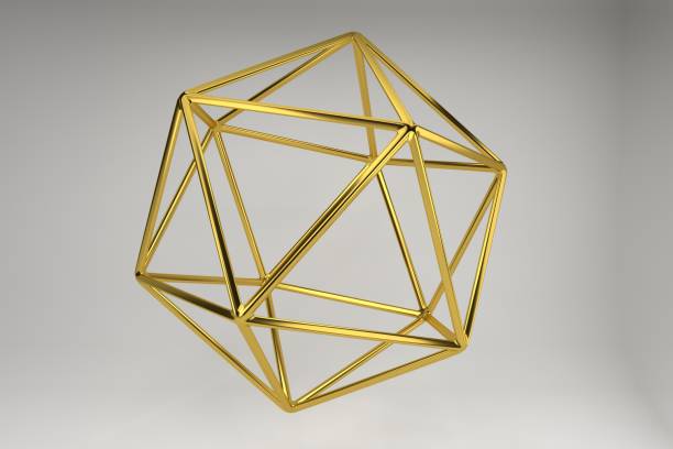 Realistic 3d rendering of golden icosahedron.  Modern background with geometric shape of Platonic solids. Geometric elements isolated on background with metallic color gradient.