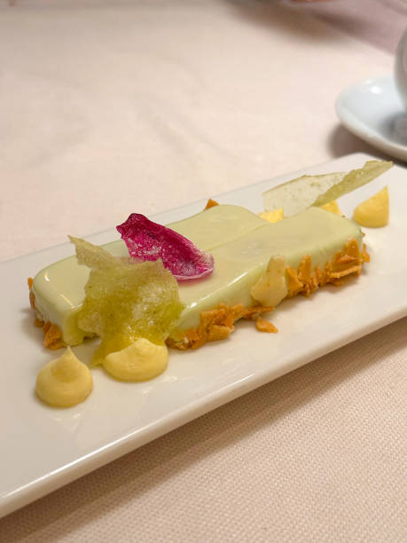 Delicate dessert elegantly plated features a creamy bar adorned with colorful edible petals and crispy accents, artistry of fine pastry making. this exquisite image highlights the luxurious world of gourmet sweets and fine dining experiences. Delicate dessert elegantly plated features a creamy bar adorned with colorful edible petals and crispy accents, artistry of fine pastry making. this exquisite image highlights the luxurious world of gourmet sweets and fine dining experiences plated chocolate dessert stock pictures, royalty-free photos & images