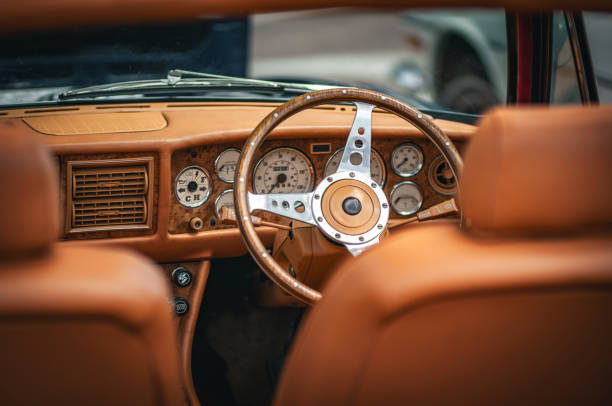istock Interior of a luxury, classic car on a motor show. 2178240781