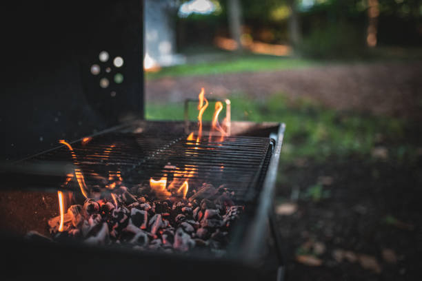 Red Generic Brand Barbecue Grill in the backyard.