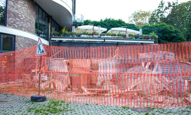 istock Red Construction Fence Mesh, Road Sign, Construction and Renovation Building. 2178242957
