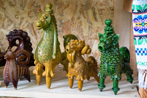 istock Decanter Ram. Animal shape figurine. Tableware. Ukrainian dishes. Clay ceramics. Old decor. 2178243406