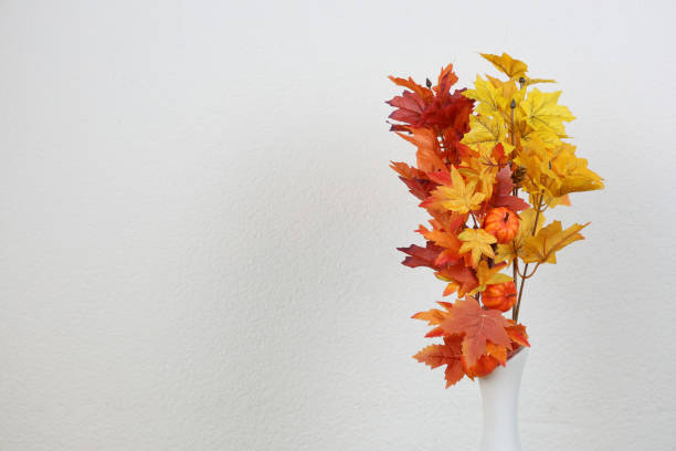 Colorful fall leaves in a vase, autumn decor on white background.