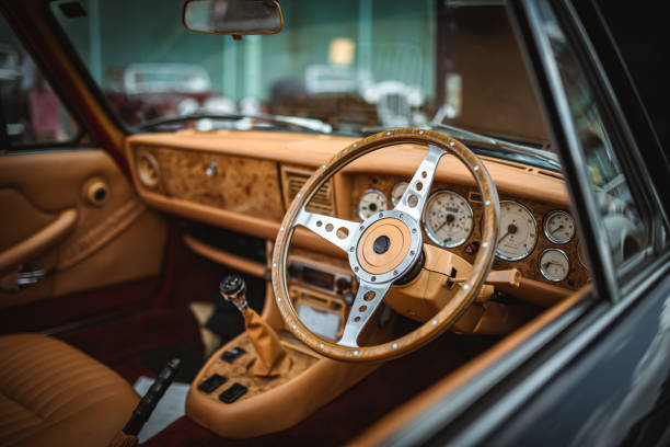 istock Interior of a luxury, classic car on a motor show. 2178244981