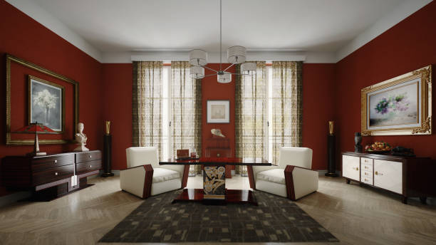 Elegant Art Deco Interior with Luxurious Design Elements Digitally generated (without the use of any A.I. tools or technologies) sophisticated Art Deco living room featuring deep red walls, elegant furniture, and stylish décor. The room is adorned with classic artworks, luxurious curtains, and a central chandelier, creating a warm and inviting atmosphere. Perfectly arranged furniture pieces offer a glimpse into classic interior design style and timeless elegance.
The scene was created in Autodesk® 3ds Max 2025 with V-Ray 6 and rendered with photorealistic shaders and lighting in Chaos® Vantage with some post-production added. art deco vase stock pictures, royalty-free photos & images