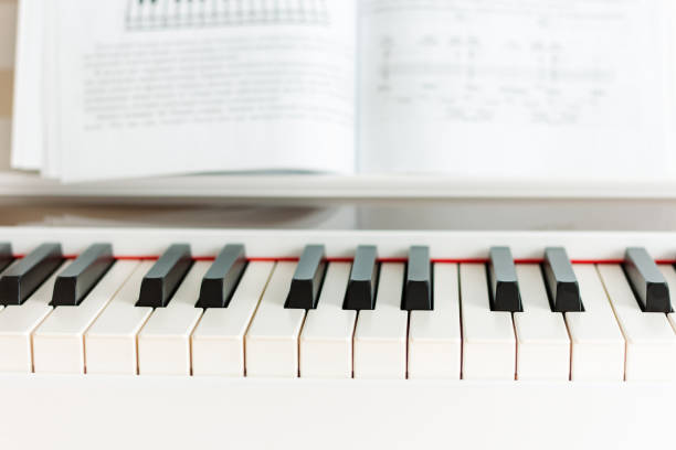Close-up of piano keys and a textbook with notes. Practicing on the piano. Musical instruments and music lessons
