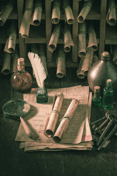 istock Old scribe library full of valuable manuscripts as mystical background 2178262111