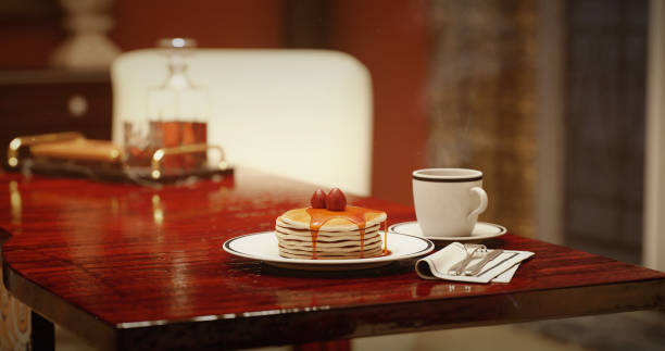 Digitally generated (without the use of any A.I. tools or technologies) mouthwatering breakfast scene featuring a stack of fluffy pancakes topped with syrup and strawberries. Accompanied by a steaming cup of coffee, the setup is on a polished wooden table, with a cozy and inviting background. This image captures a perfect morning moment, blending warmth, comfort, and indulgence.\n\nThe scene was created in Autodesk® 3ds Max 2025 with V-Ray 6 and rendered with photorealistic shaders and lighting in Chaos® Vantage with some post-production added.