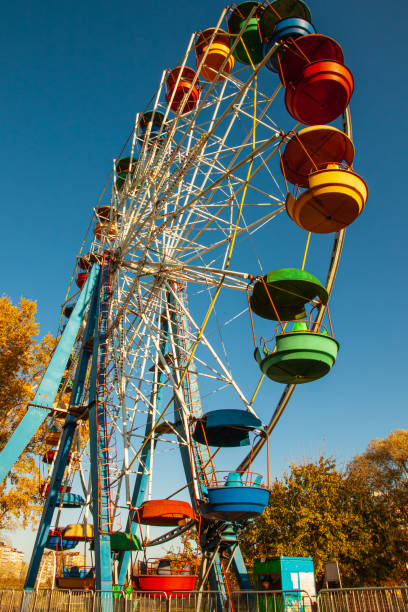 Colorful booths of the Ferris wheel on blue sky background