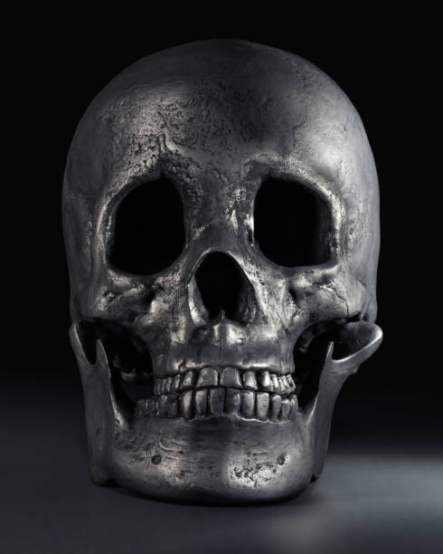 istock Shiny metal human skull. Worn down and blacked skull painted a shiny metallic silver. 2178274297