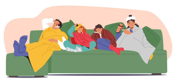 Cartoon Family Characters Are Lying On A Couch, All Appearing Sick. Each Of Them Is Wrapped In Blankets Cartoon Family Characters Are Lying On A Couch, All Appearing Sick. Each Of Them Is Wrapped In Blankets, With Some Holding Tissues, Thermometers, And Hot Water Bottles, Showing Signs Of Cold Or Flu cold and flu stock illustrations