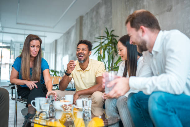 Casual Coffee Meetup in a Sleek Office Environment