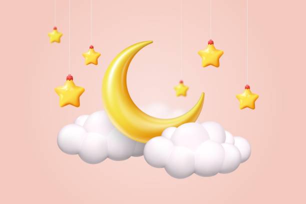 istock 3D moon. Night sleep. Crescent and fluffy clouds. Hanging yellow stars. Baby zzz dream. Weather forecast. Bedtime relaxation. Render cloudscape. Space elements. Vector cartoon icons 2178289990