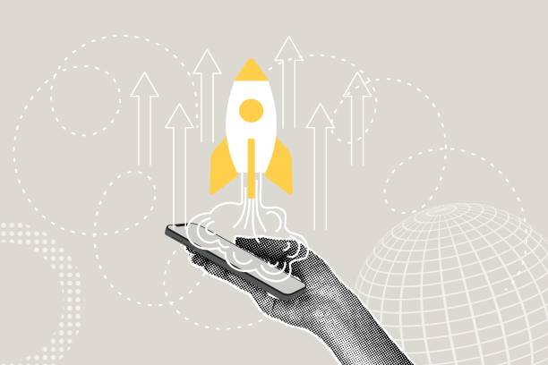 Modern halftone collage. Concept of quick business startup, business success, strategic planning,startup business. Hand with phone , rocket taking off icon and up arrows. Modern business collage for design. Vector illustration