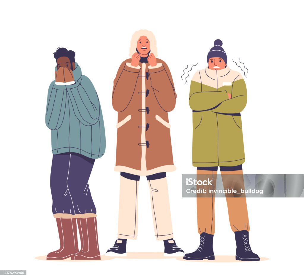 Animation Cold Adult Three Cartoon People Clad In Winter Outerwear Stand Shivering In The ...