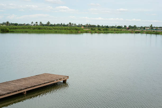A wooden footbridge or boat dock over the water lake with tranquil view. Outdoor and nature view photo scene.