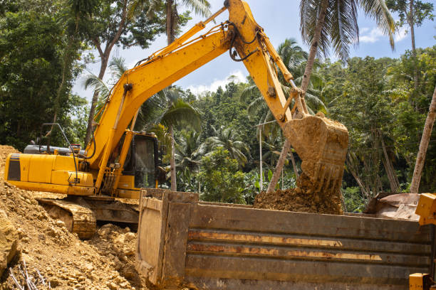 istock A working excavator is building a water supply system on a tropical island. Loose soil 2178294487