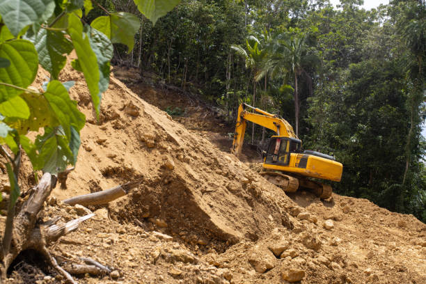 istock A working excavator is building a water supply system on a tropical island. Loose soil 2178295143