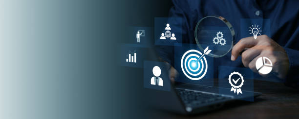 istock White dartboard and White arrow connection linkage with human icon for customer focus target group and customer relation management concept. 2178296459