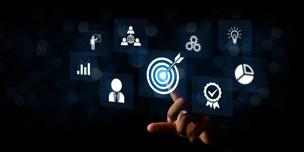 istock White dartboard and White arrow connection linkage with human icon for customer focus target group and customer relation management concept. 2178296509