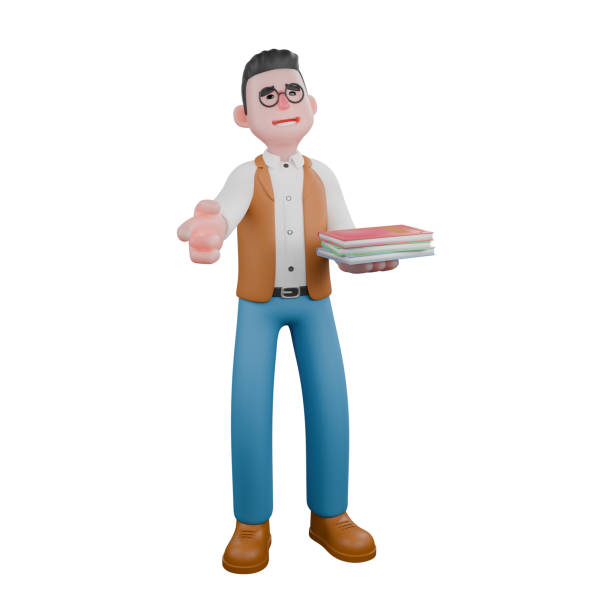 istock 3D Male Anthropologist Character in Action. A male anthropologist is standing while carrying two stacks of books and giving a finger gun symbol forwards. Professional 2178298018