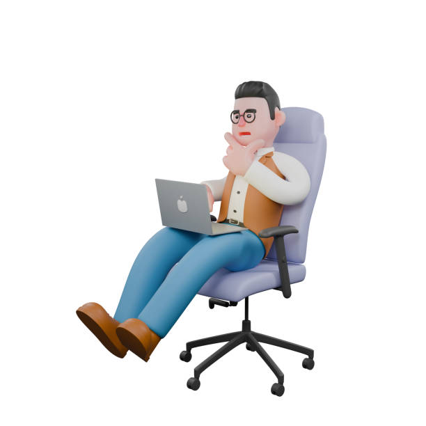 istock Professional Male in 3D - Anthropologist. A male anthropologist is sitting while operating a laptop. Cartoon Illustration 2178298149