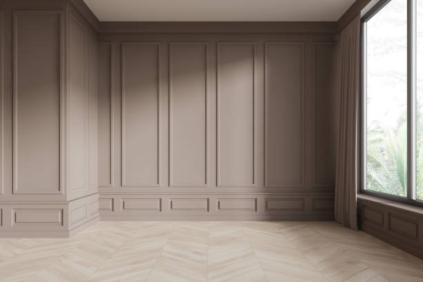 istock Elegant empty room with classic wall paneling and large window. 3D Rendering 2178300407