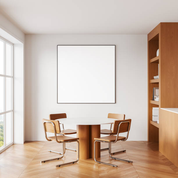 istock Empty framed poster mockup in modern interior with wooden furniture. 3D Rendering 2178300481