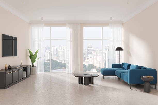 istock Home living room interior with couch and sideboard, tv and panoramic window 2178300575