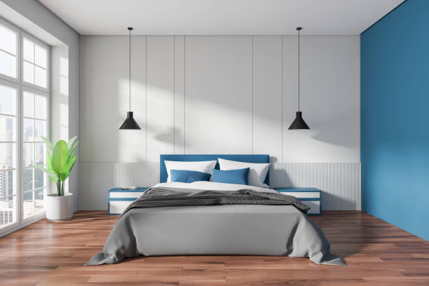 istock Colored home bedroom interior with bed and nightstand, panoramic window 2178300713