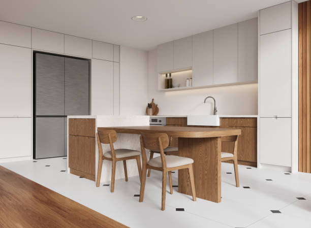 istock Modern Kitchen Interior with Wood and White Accents. 3D Rendering 2178300784