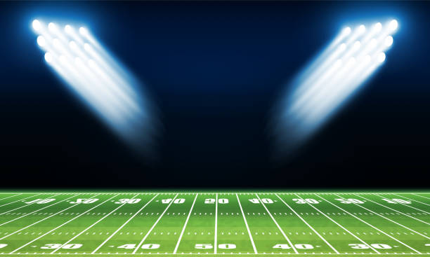 istock Football arena field and floodlights Bright stadium arena lights blue. Vector 2178300805