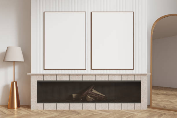 istock Stylish home living room interior with fireplace and lamp. Mockup frames 2178301031