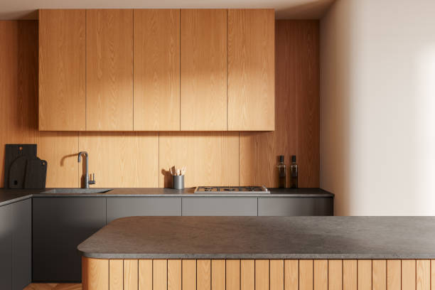 istock Modern kitchen with wooden cabinetry and grey countertops. 3D Rendering 2178301182