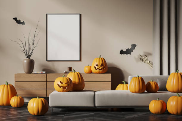 istock Pumpkins in living room interior couch with sideboard, mockup frame 2178301595