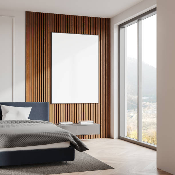 istock Modern bedroom interior with blank framed poster on wooden wall. 3D Rendering 2178301600